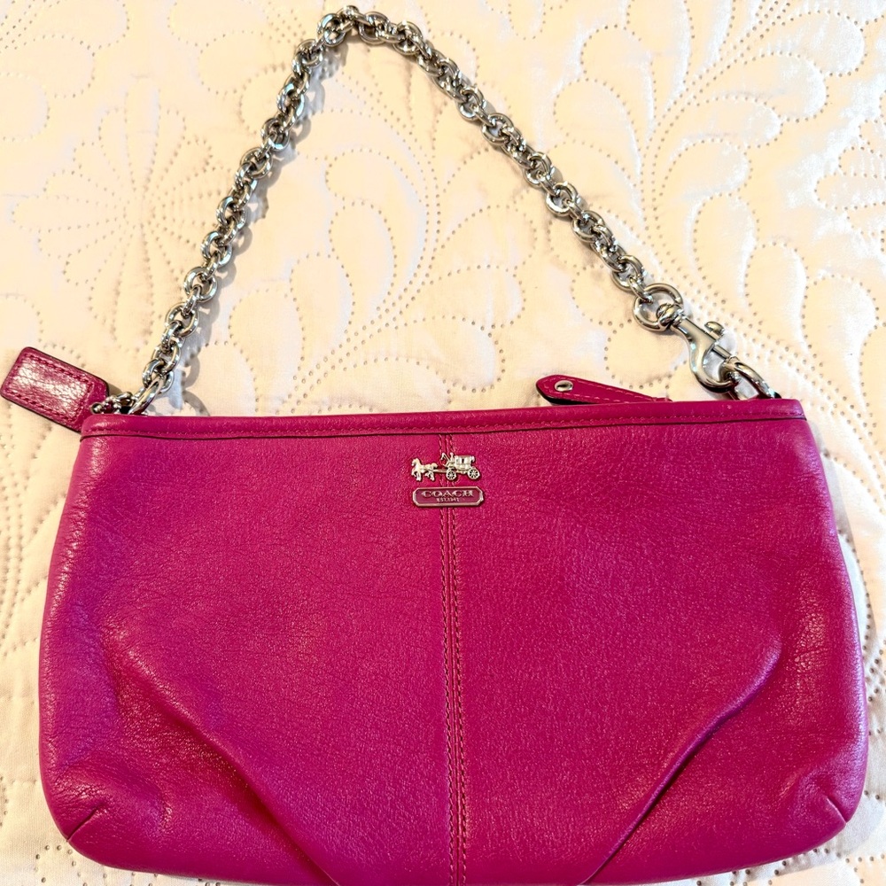 Coach Fuchsia Leather Wristlet with Chain Strap